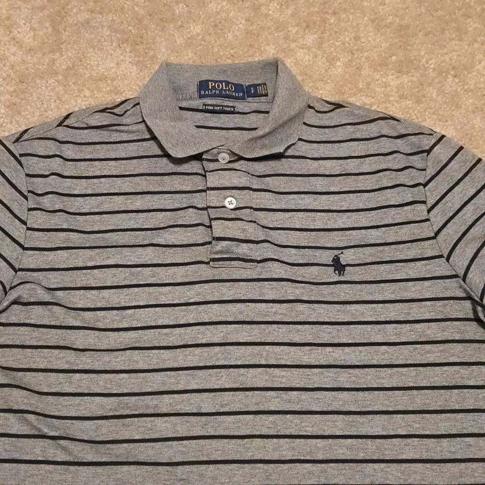 Polo Ralph Lauren Polo Shirt Mens Small Gray Blue Striped Pima Cotton Pony Logo